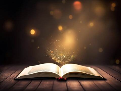 An open book with sparks falling through, in the style of dark bronze and gold