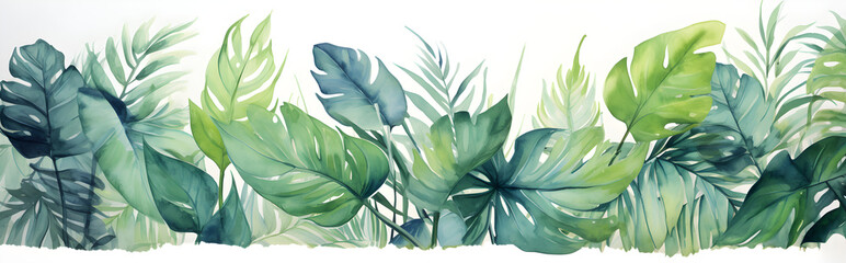 Tropical leaves watercolor background created with Generative AI technology
