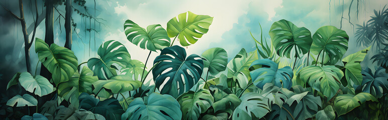 Fototapeta na wymiar Tropical leaves watercolor background created with Generative AI technology