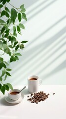 Coffee composition on light grey background, window shadow and green branches, flat lay, top view, Generative AI