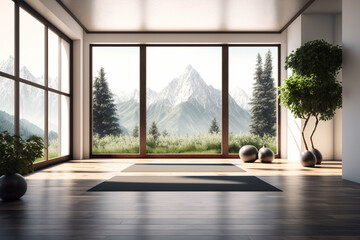 Generative AI. Yoga studio space. Clean bright white yoga studio gym interior , window and mountain view. 
sport equipment for meditating or sport exercises close up