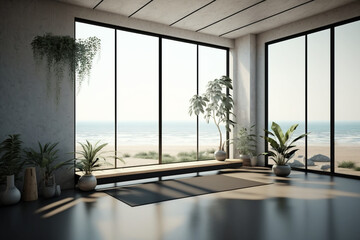 Generative AI. Yoga studio workplace. Healthy lifestyle concept. modern fitness center with big windows and sea view. sport equipment for meditating or sport exercises close up