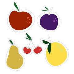 Simple and cute set of fruits, an apple, pear, plum, lemon, and cherry 