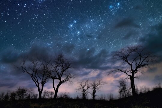 Nighttime Tranquility: Dark Sky, Stars & Moon | Serene Landscape & Transcendental Dreaming