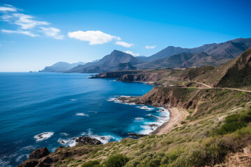 Fototapeta na wymiar A beautiful coastal landscape. It shows a winding road along the coast with mountains in the background. The water is a deep blue and the sky is a clear blue with a few clouds. The coastline is rocky 