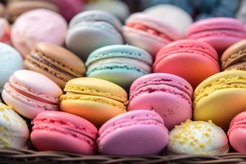 Poster Colorful macarons in a woven basket. The macarons come in various colors such as pink, yellow, green, blue, and brown and have different fillings such as chocolate, vanilla, and fruit © Florian