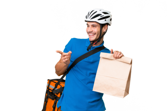 Young caucasian man taking a bag of takeaway food over isolated background pointing finger to the side and presenting a product