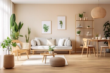 Fototapeta na wymiar Friendly interior style. living room. Wall mockup. Wall art. 3d rendering, 3d illustration,Generative AI
