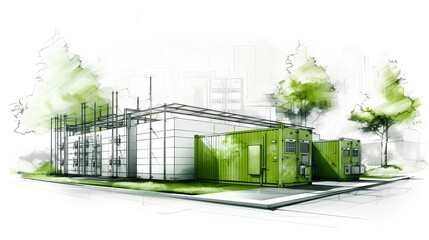 Grid energy storage containers visualized in a concept sketch in green colors. Essential parts of the future sustainable energy infrastructure. Generative AI