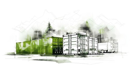Grid energy storage containers visualized in a concept sketch in green colors. Essential parts of the future sustainable energy infrastructure. Generative AI