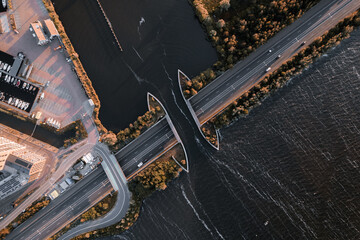 Aerial view of boat crossing aquaduct in Harderwijk, Veluwemeer The Netherlands