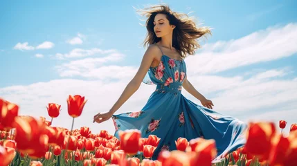 Fotobehang woman in a dress in a field of tulips © RDO