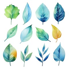 Watercolor leaves ioslated on white background created with Generative AI technology