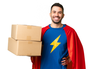 Super Hero delivery caucasian man over isolated chroma key background posing with arms at hip and smiling