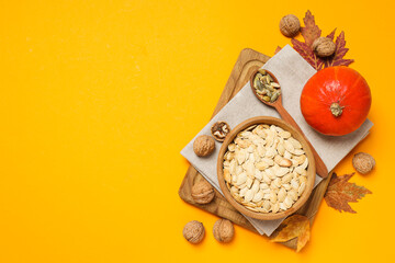 Cooking ingredients for fall season - pumpkin seeds, pumpkin
