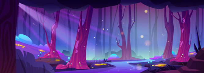 Fairytale night forest with river, yellow fireflies and neon mushrooms glowing in darkness. Vector cartoon illustration of water flowing in dark woodland, moonlight beams, magic lights flying in air