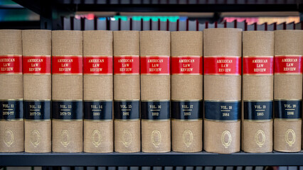 Close up of American law review books in a library