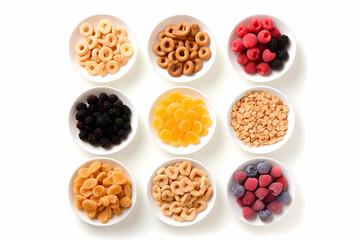 Various cereals placed in various bowls on white background