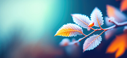 Beautiful colorful nature with bright orange leaves covered with frost in late autumn or early winter. Generated AI.