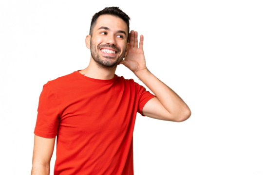 Young handsome caucasian man over isolated chroma key background listening to something by putting hand on the ear