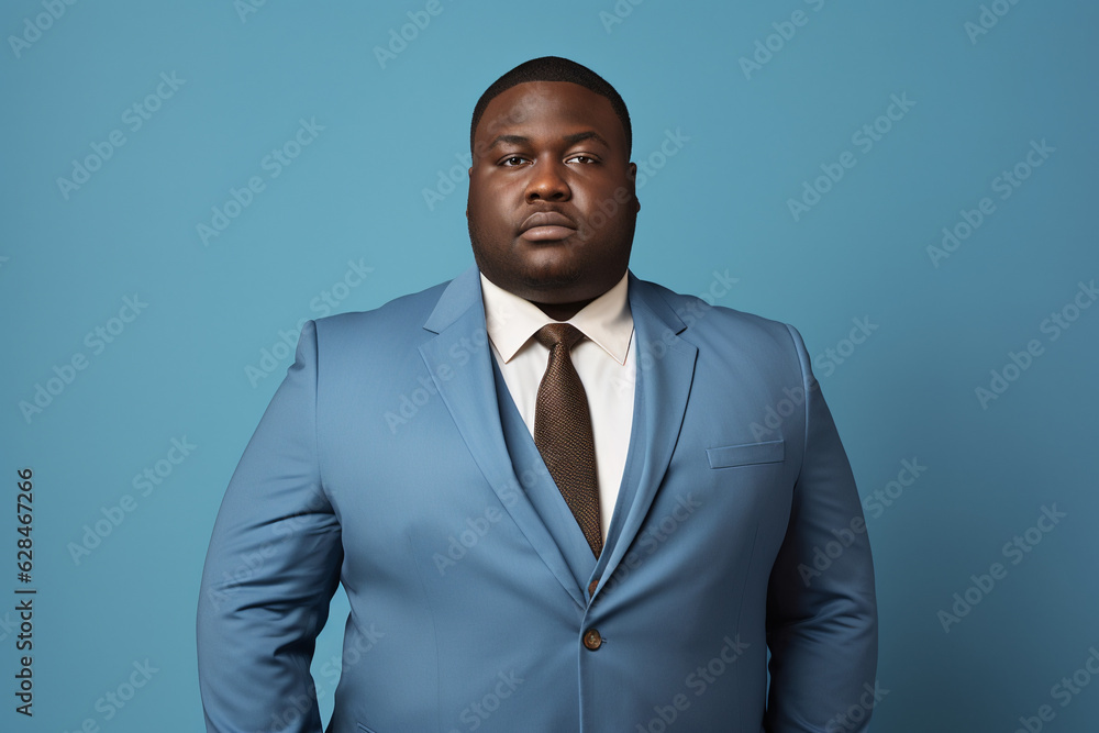 Wall mural serios plus sized black man in a business suit on a blue background