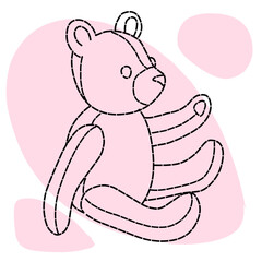 Vector contour drawing of a sitting teddy bear on a background with pink spots.