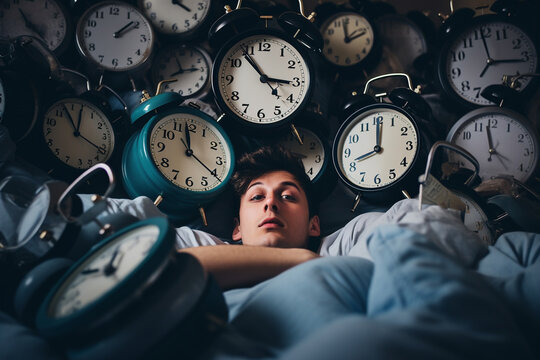 Person humorously buried under a heap of alarm clocks, showcasing the struggle of waking up early in the morning