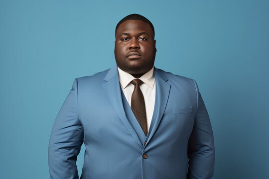 serios plus sized black man in a business suit on a blue background