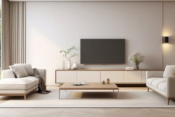 White minimalist living room interior with sofa on a wooden floor, decor on a large wall, white landscape in window. Home Nordic interior | Scandinavian interior poster mock up,Generative AI.