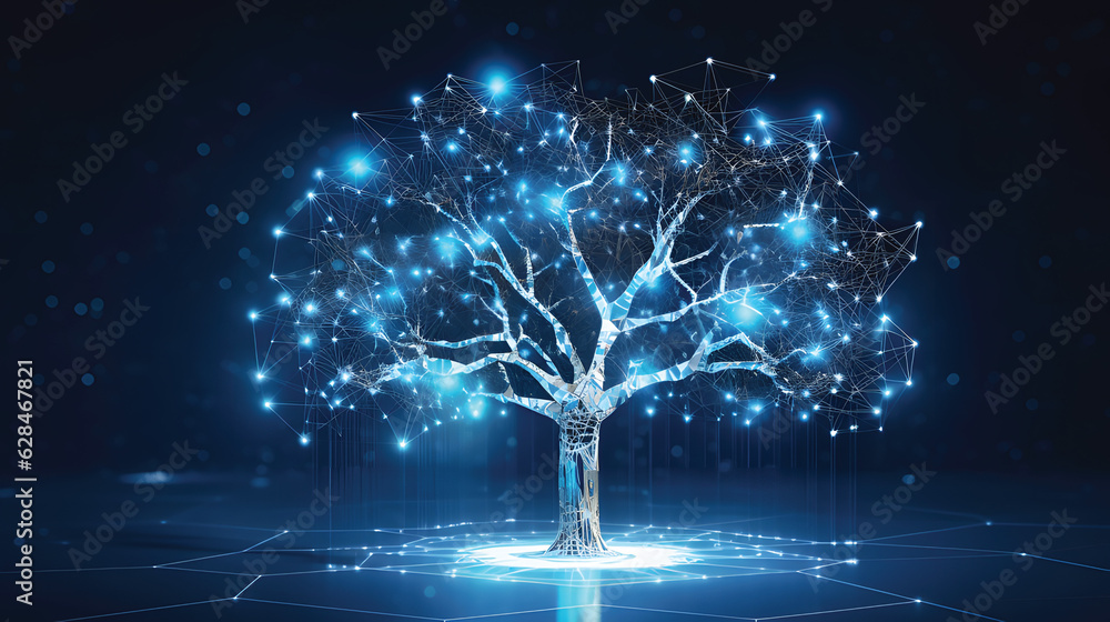 Wall mural concept of network connection technology or big data, blue cyber polygonal tree with futuristic elem