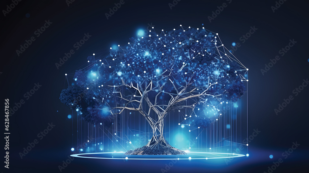 Wall mural concept of network connection technology or big data, blue cyber polygonal tree with futuristic elem