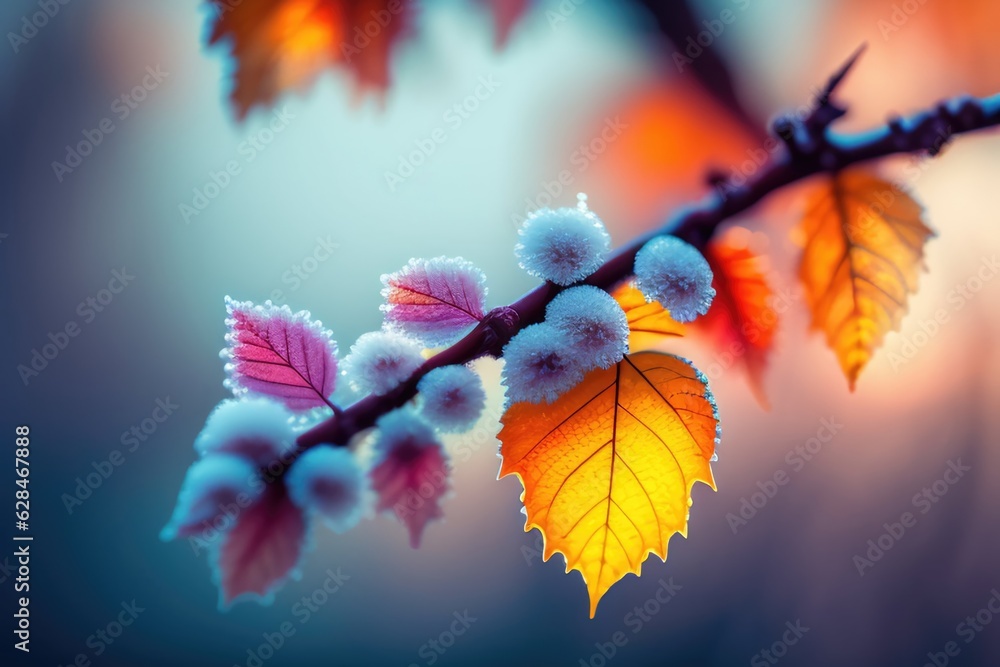 Poster beautiful colorful nature with bright orange leaves covered with frost in late autumn or early winte