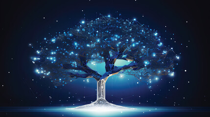 Concept of network connection technology or big data, blue cyber polygonal tree with futuristic elements.GenerativeAI.