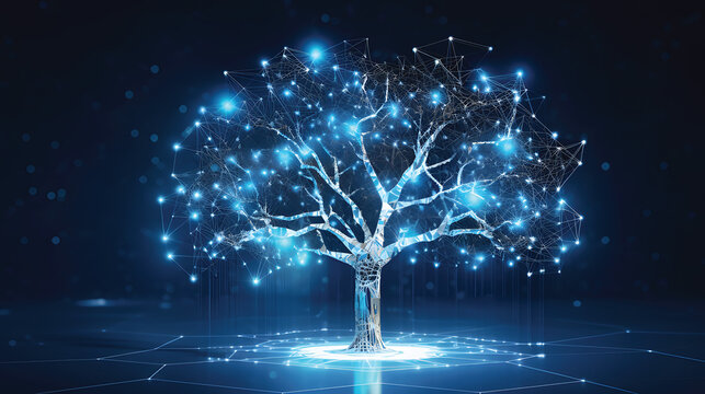 Concept of network connection technology or big data, blue cyber polygonal tree with futuristic elements.GenerativeAI.