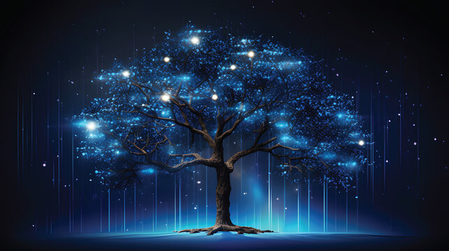 Concept of network connection technology or big data, blue cyber polygonal tree with futuristic elements.
