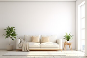 Fototapeta na wymiar Bright living room interior with white empty wall | Beautiful contemporary living room home interior | Modern kitchen and modern living room in white interior design, Generative AI.