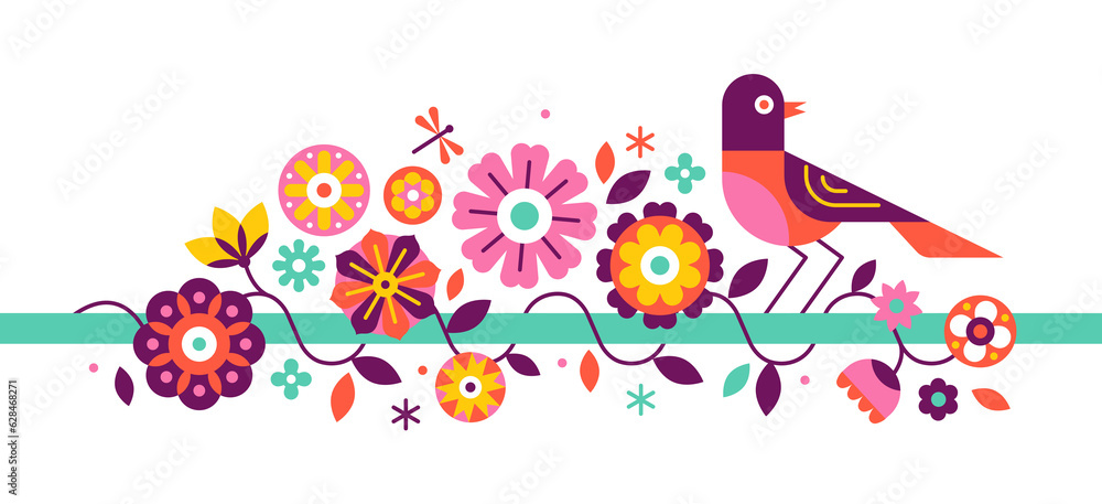 Fototapete png in simple flat geometric and linear style in bright colors - with decorative flowers, leaves and