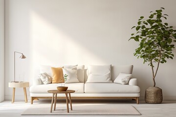 Bright living room interior with white empty wall  | Beautiful contemporary living room home interior | Modern kitchen and modern living room in white interior design, Generative AI.