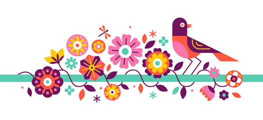 Png  in simple flat geometric and linear style in bright colors -  with decorative flowers, leaves and bird with copy space for text - design  for wedding invitations - 628468271