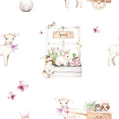 Cute seamless pattern with farm animals, spring flowers, garden decor. Watercolor hand drawn illustrations. Kids design for cards, invitations, scrapbooking, textile, wrapper, Easter decor.