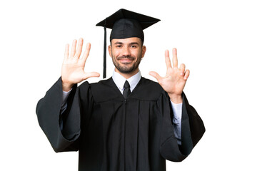 Young university graduate man over isolated chroma key background counting eight with fingers