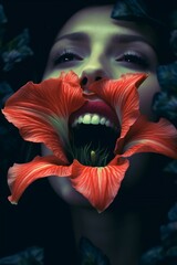 Weird flowercore woman with a flower in her open mouth. Generative AI illustration 