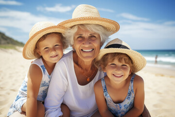 A grandma is spending the day with her grandchildren at the beach - obrazy, fototapety, plakaty