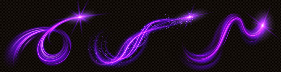 Spiral magic vortex light effect with glow vector. Neon energy swirl flare with glitter particle. Shiny speed motion transparent abstract curve. Futuristic flying luminous power beam with twinkle.