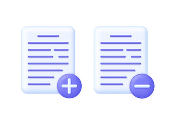 3D Page plus and cross marks. Add and remove new document illustration.