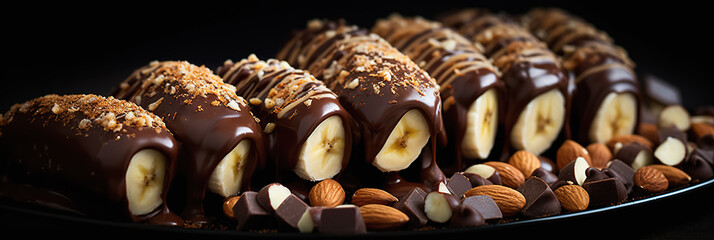 Chocolate-Covered Banana Slices with Chopped Almonds Against a Black Backdrop