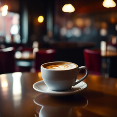 Close up of coffee cup on table in coffee shop blurry background