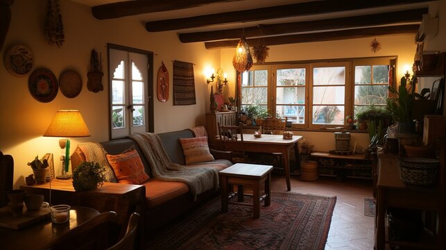 Boho interior  with terracotta wall color and macrame design