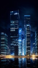 Fototapeta na wymiar Night business center banner background with Copy space. Night tech office skyscrapers. Business, economy, technology, internet concept, Generative AI