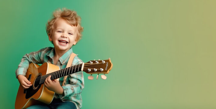 Joyful child playing guitar isolated on flat green background with copy space. Creative banner for children's music school.